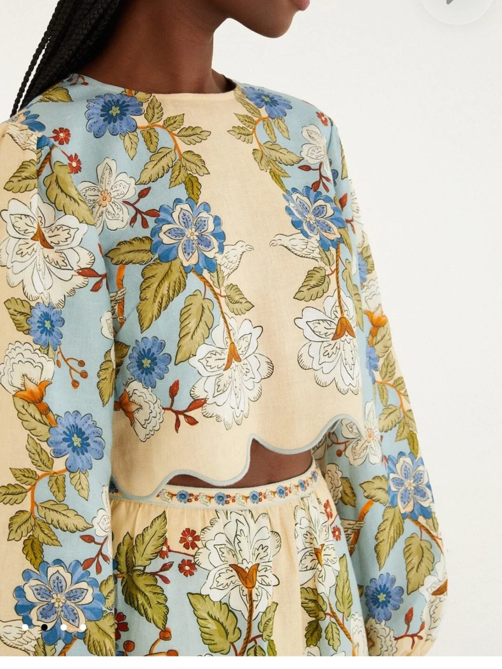 FARM Rio Blue and Cream Floral Scalloped Crop Blouse